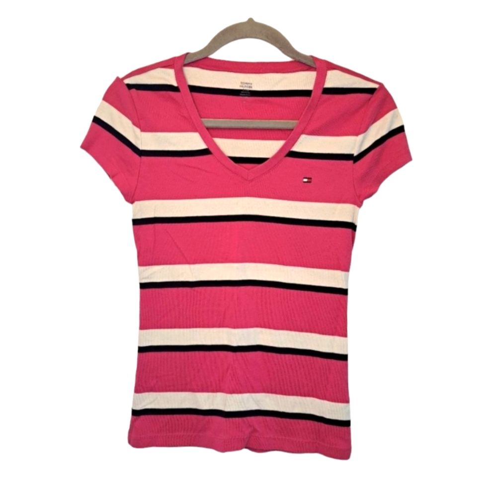 Tommy Hilfiger Pink Striped V Neck Tee Size Small
